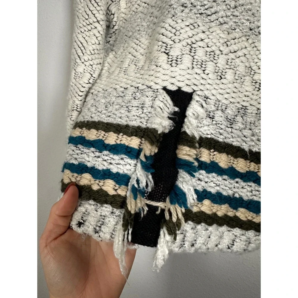 LEO AND SAGE Textured Geometric Knit Moto Cardigan Jacket Ivory‎ Black Teal Sz M
